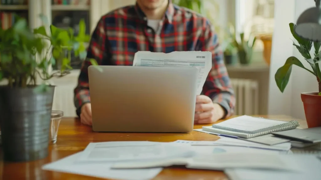 Small business owner reviewing financial documents on a laptop at a home office desk