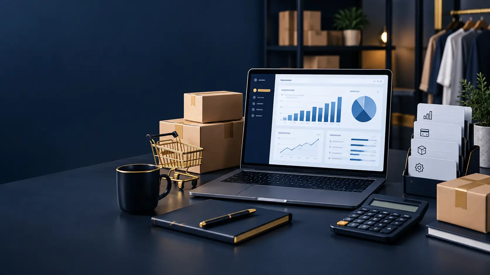 Ecommerce accounting workspace with financial dashboard, inventory packages and reporting tools