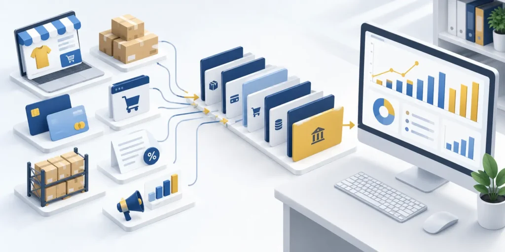 Ecommerce sales, inventory, fees and taxes organized into accounting records and financial reports