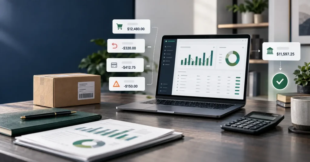 Shopify payout reconciliation showing sales, fees, refunds and net bank deposit