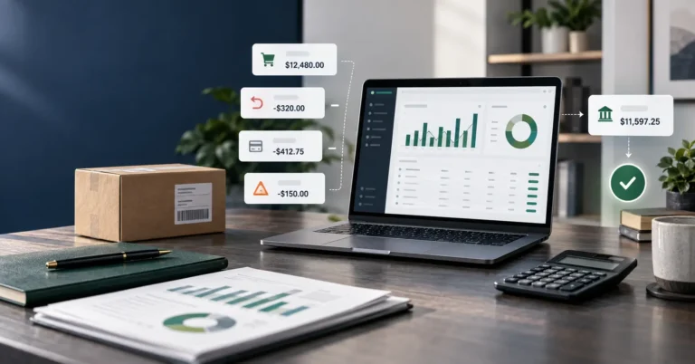 Shopify payout reconciliation showing sales, fees, refunds and net bank deposit